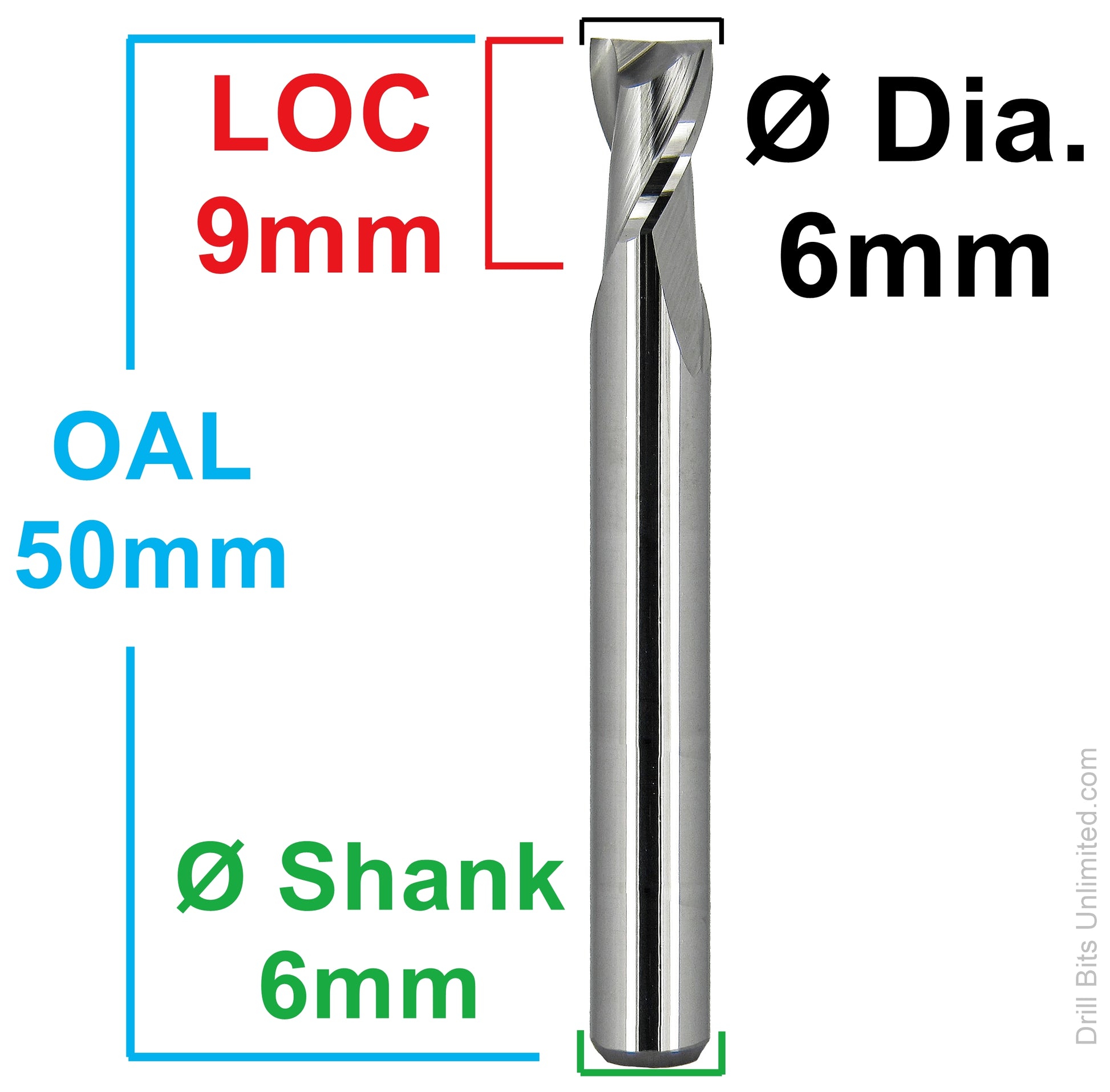6mm stub length square carbide end mill dimensions 9mm LOC 50mm OAL 6mm shank Kyocera 1620-2362.354
