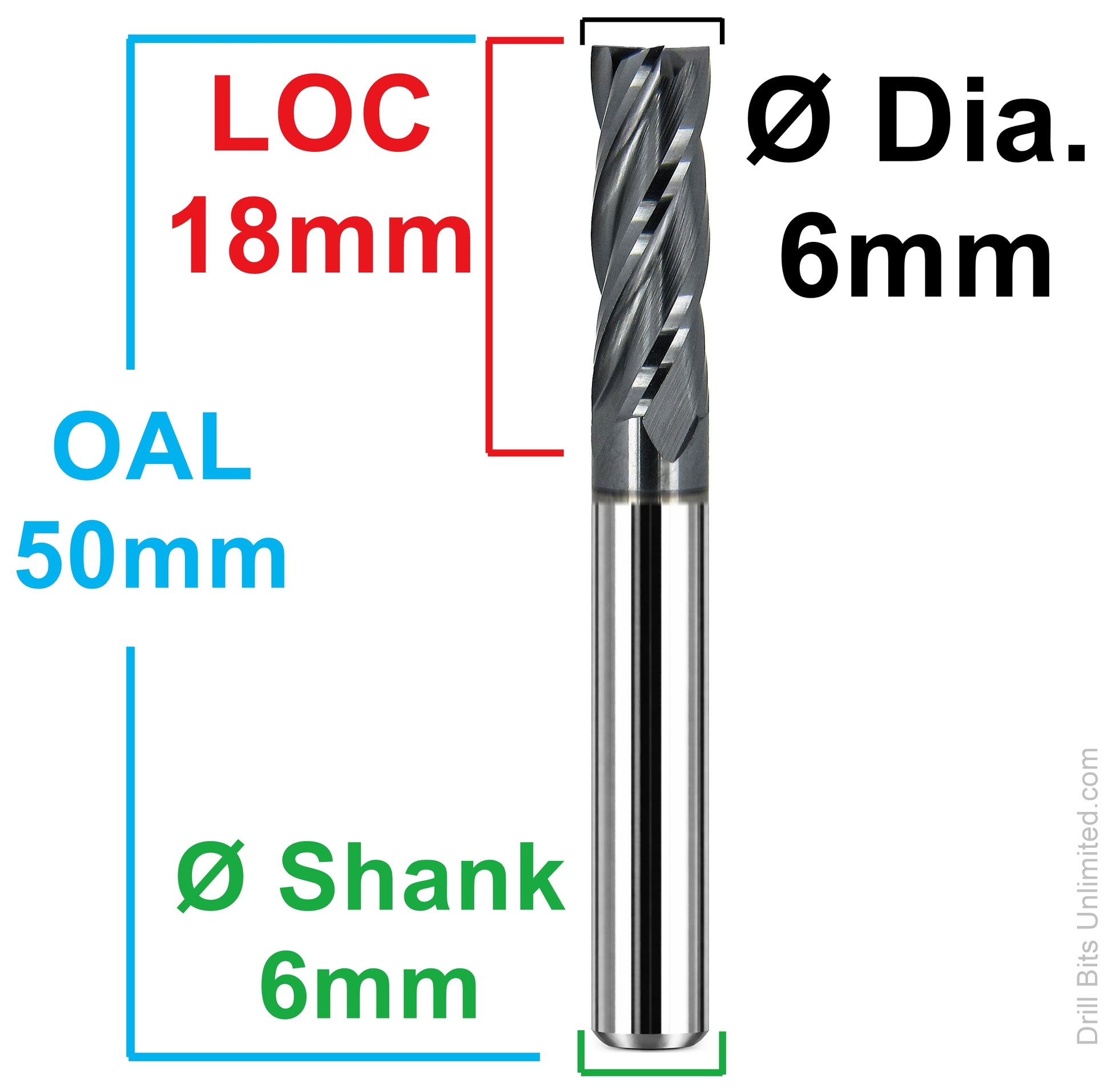 6mm square carbide end mill dimensions 18mm LOC 50mm OAL 6mm shank Kyocera 1810-2362L709