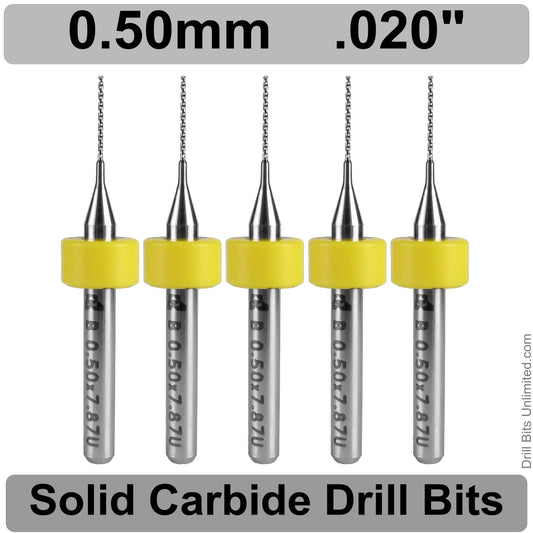 .020" .50mm #76 - Drill Bits - FIVE Piece Set with 1/8" Shanks Solid Carbide .0197" .5mm