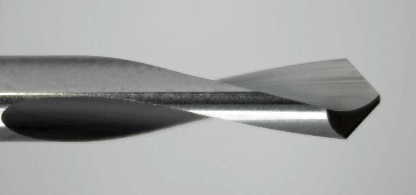 close up of 90 degree spiral V engraver tip showing 2 flute cutting edges