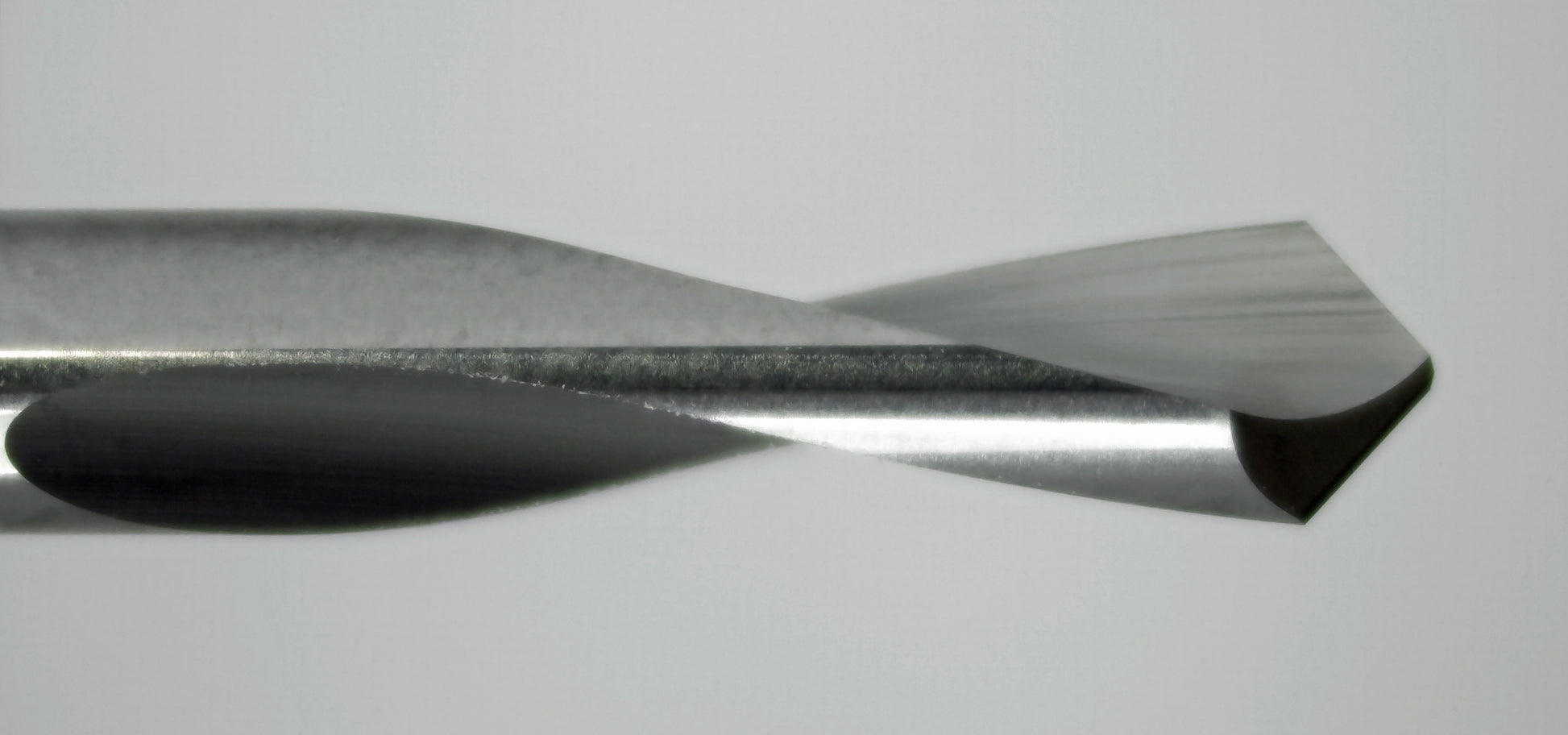 close up of 90 degree spiral V engraver tip showing 2 flute cutting edges