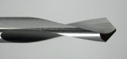 close up of 90 degree spiral V engraver tip showing 2 flute cutting edges