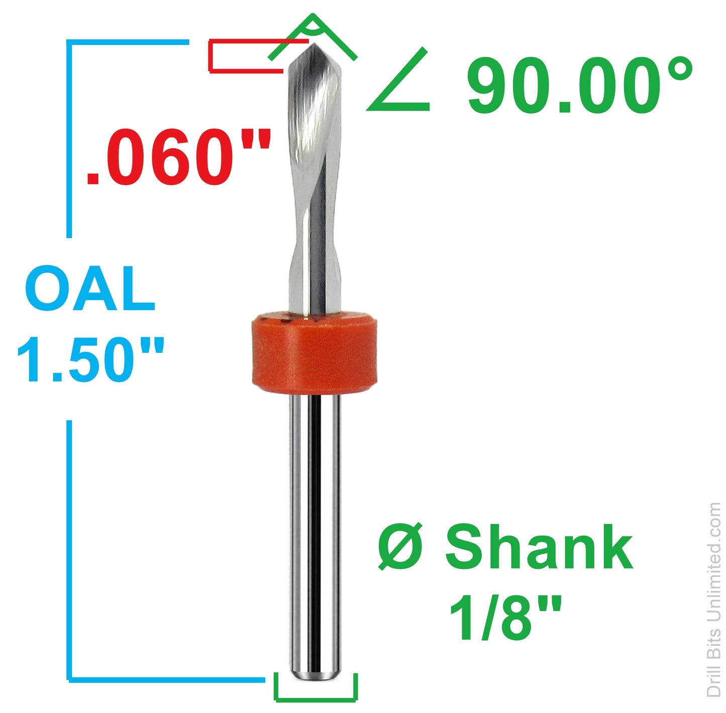 90 degree spiral V engraver dimensions showing 0.060 inch LOC and 1.50 inch overall length with 1/8 inch shank
