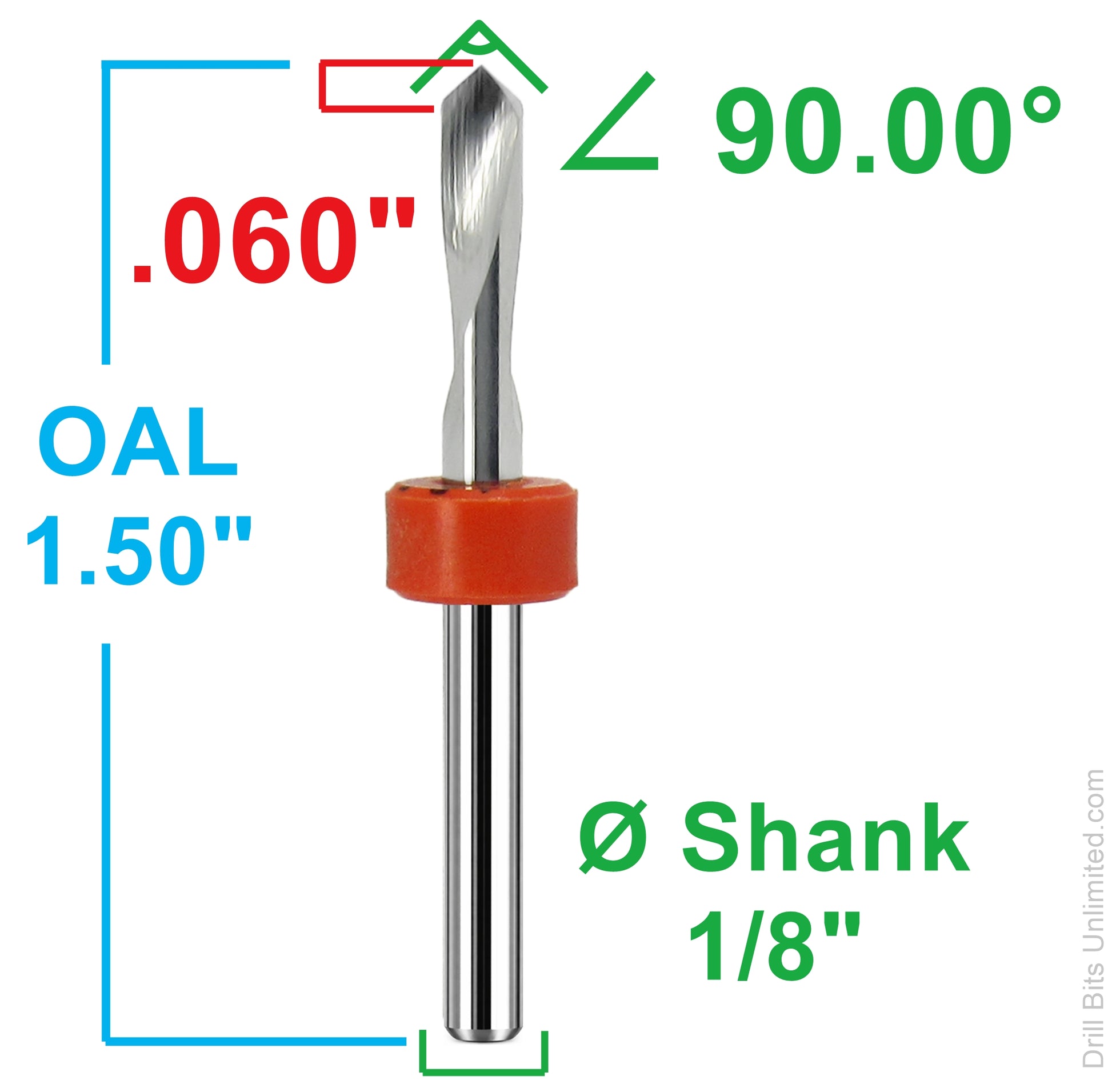 90 degree spiral V engraver dimensions showing 0.060 inch LOC and 1.50 inch overall length with 1/8 inch shank