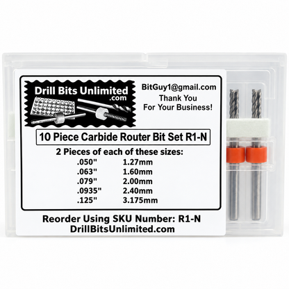 .0500"–.1250" / 1.25–3.175mm Kyocera Diamond Flute PCB Router Bit Set – Fish Tail – 10 Pc – R1-N
