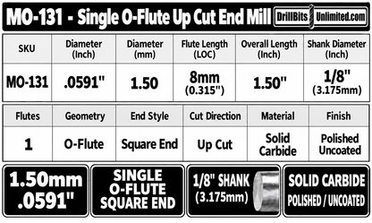 0.0591" (1.5mm) x 8mm LOC Single O-Flute Carbide End Mill, Up Cut, 1/8" Shank | MO-131