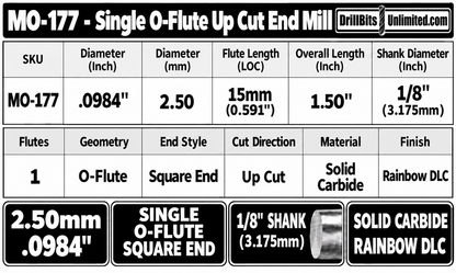 0.0984" (2.5mm) x 15mm LOC Rainbow DLC Single O-Flute Carbide End Mill, Up Cut, 1/8" Shank | MO-177