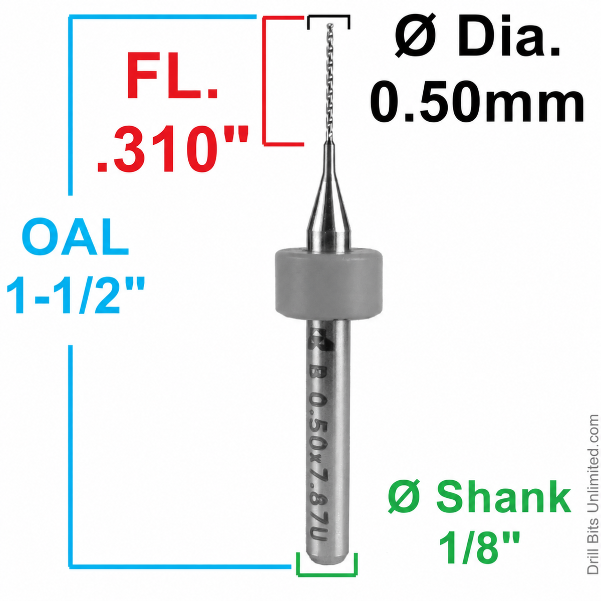0.50mm (.0197") x .310" FL Carbide PCB Drill – 20mm LPKF Ring – 1 or 5 Pack