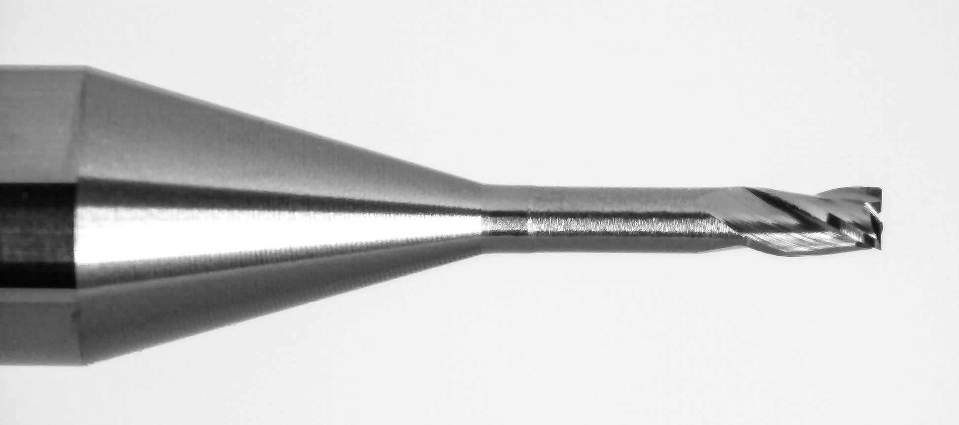 Close-up of Kyocera 0.0300 inch 3 flute square end mill tip with reduced neck