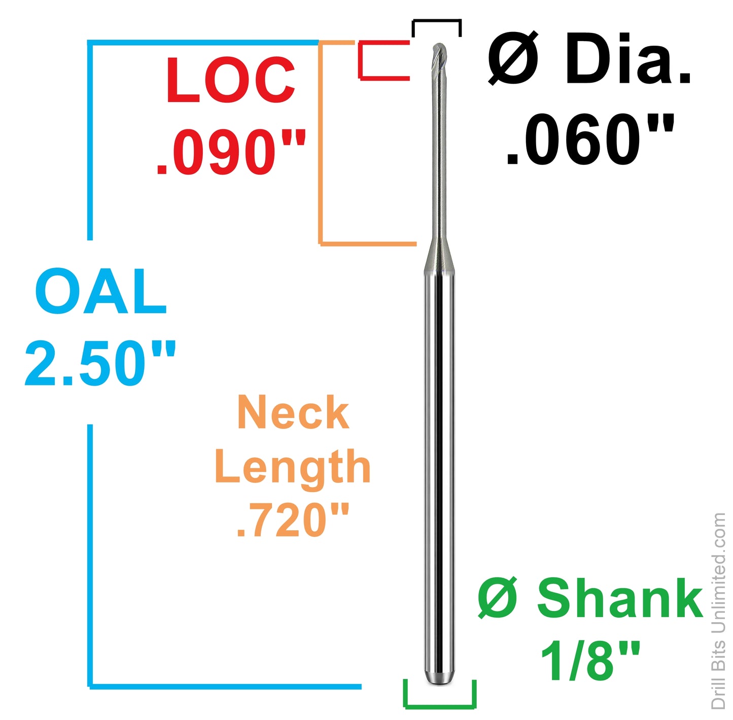 Dimensional drawing of Kyocera 1755-0600.720 end mill showing 0.0600 inch diameter, 0.090 LOC, 0.720 neck length, 2.50 overall length, and 1/8 inch shank