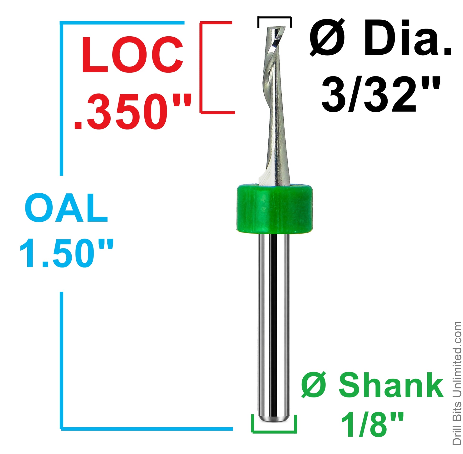 Dimensional drawing of lightly used 3/32 inch single-flute carbide end mill showing .350 inch flute length, 1.50 inch OAL, and 1/8 inch shank