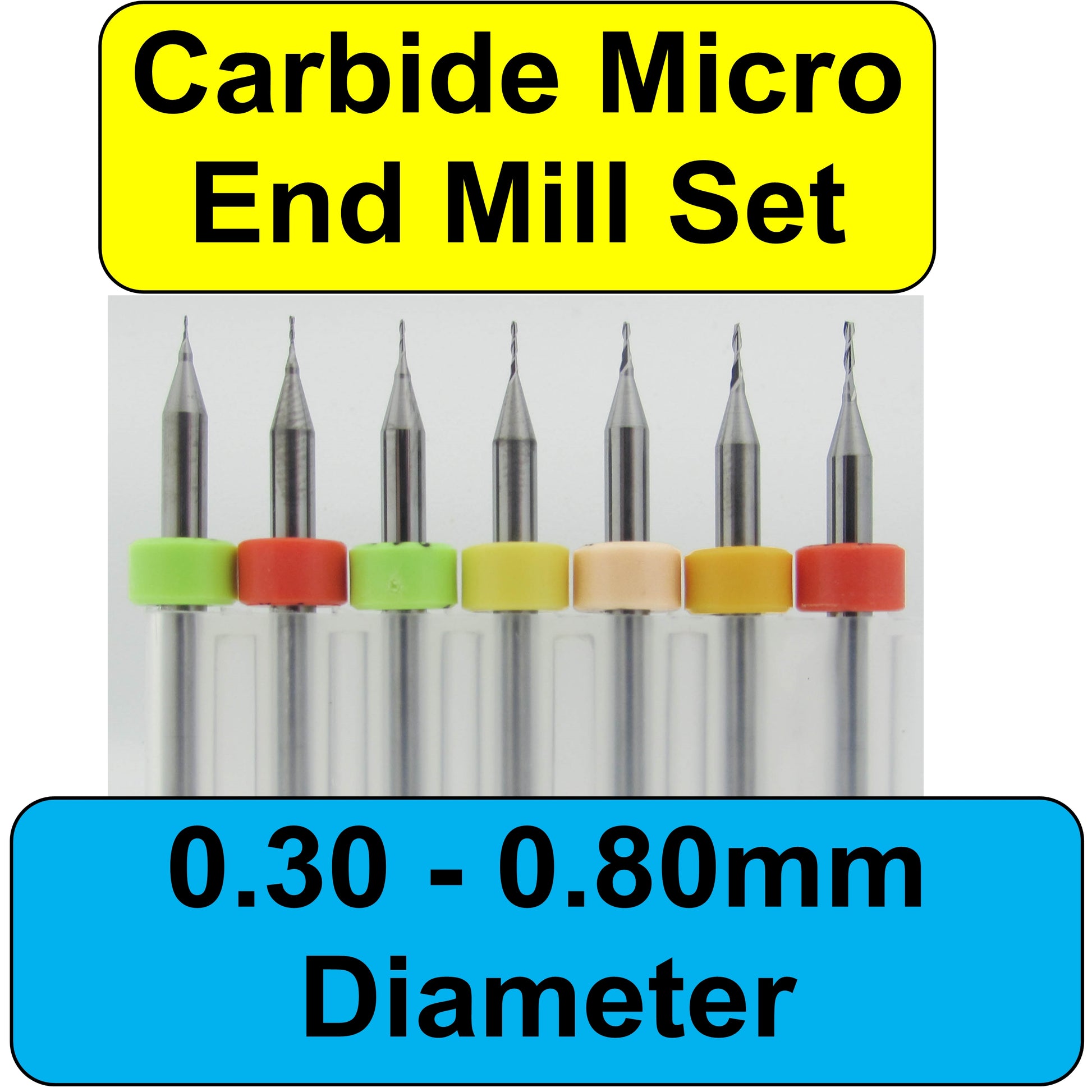 0.30 - 0.80mm End Mill Variety Set - 7 Sizes - Two Flute - Up Cut - Square End EM1