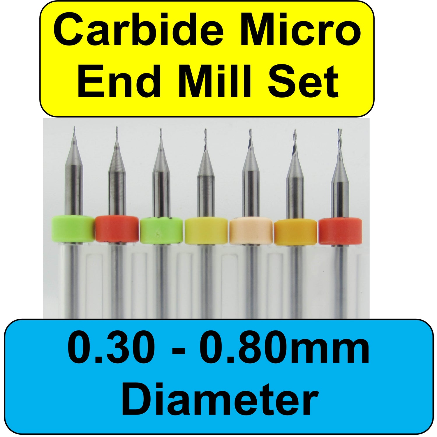 Kyocera EM1 2-flute square end mill variety set with .0118" to .0315" micro carbide end mills