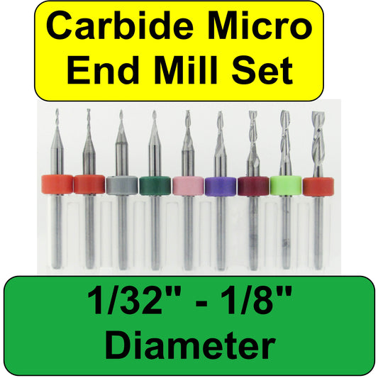 1/32 - 1/8 End Mill Variety Set - 9 Sizes - Two Flute - Up Cut - Square End Made in USA EM2