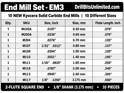 10-Piece NEW Kyocera Carbide End Mill Set – .020"–.125", 2-Flute Square, 1/8" Shank – EM3