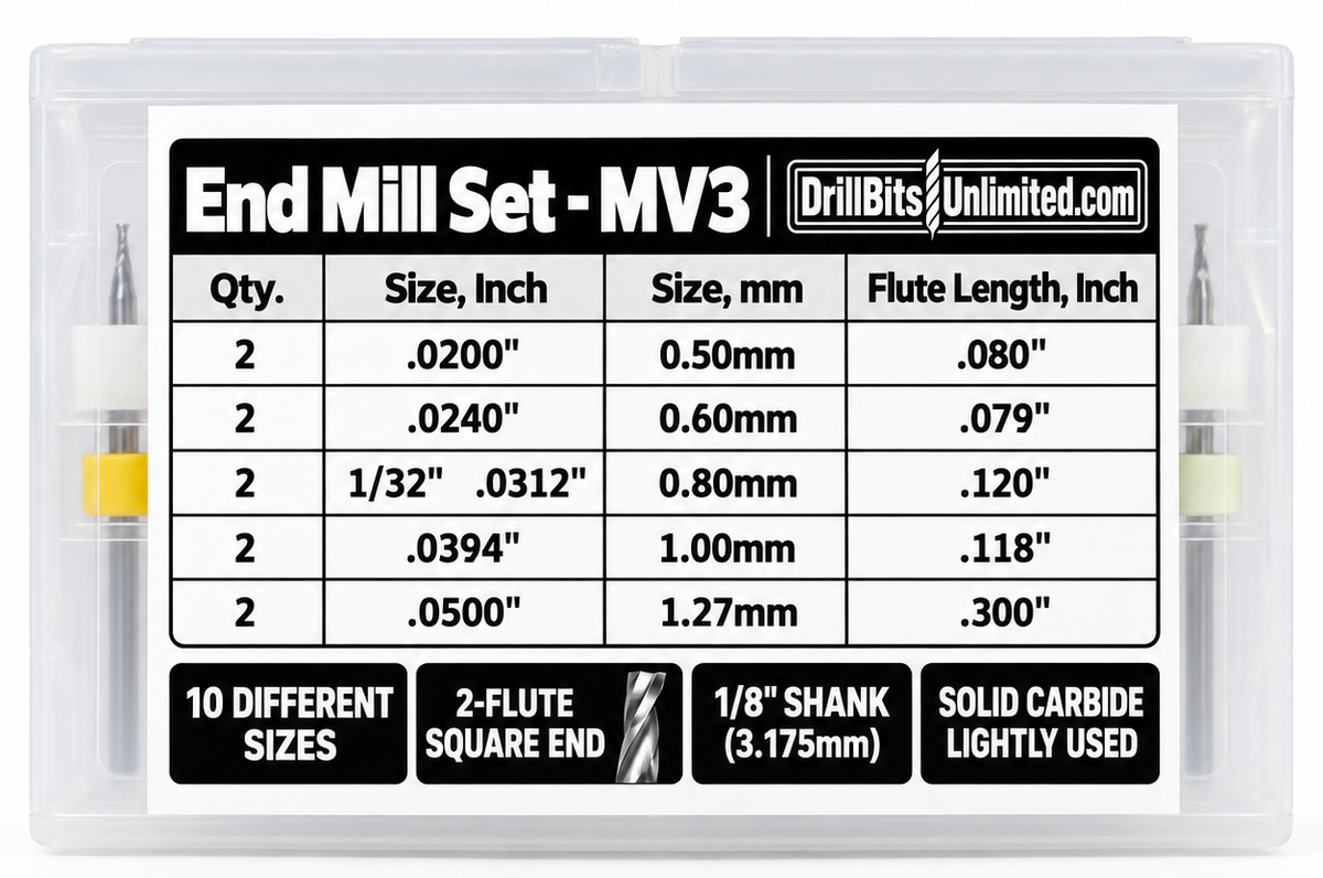 10-Piece Used Micro Carbide End Mill Set – .020"–.050", 2-Flute Square, 1/8" Shank – MV3