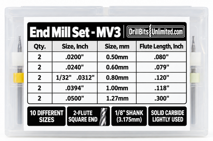 10-Piece Used Micro Carbide End Mill Set – .020"–.050", 2-Flute Square, 1/8" Shank – MV3