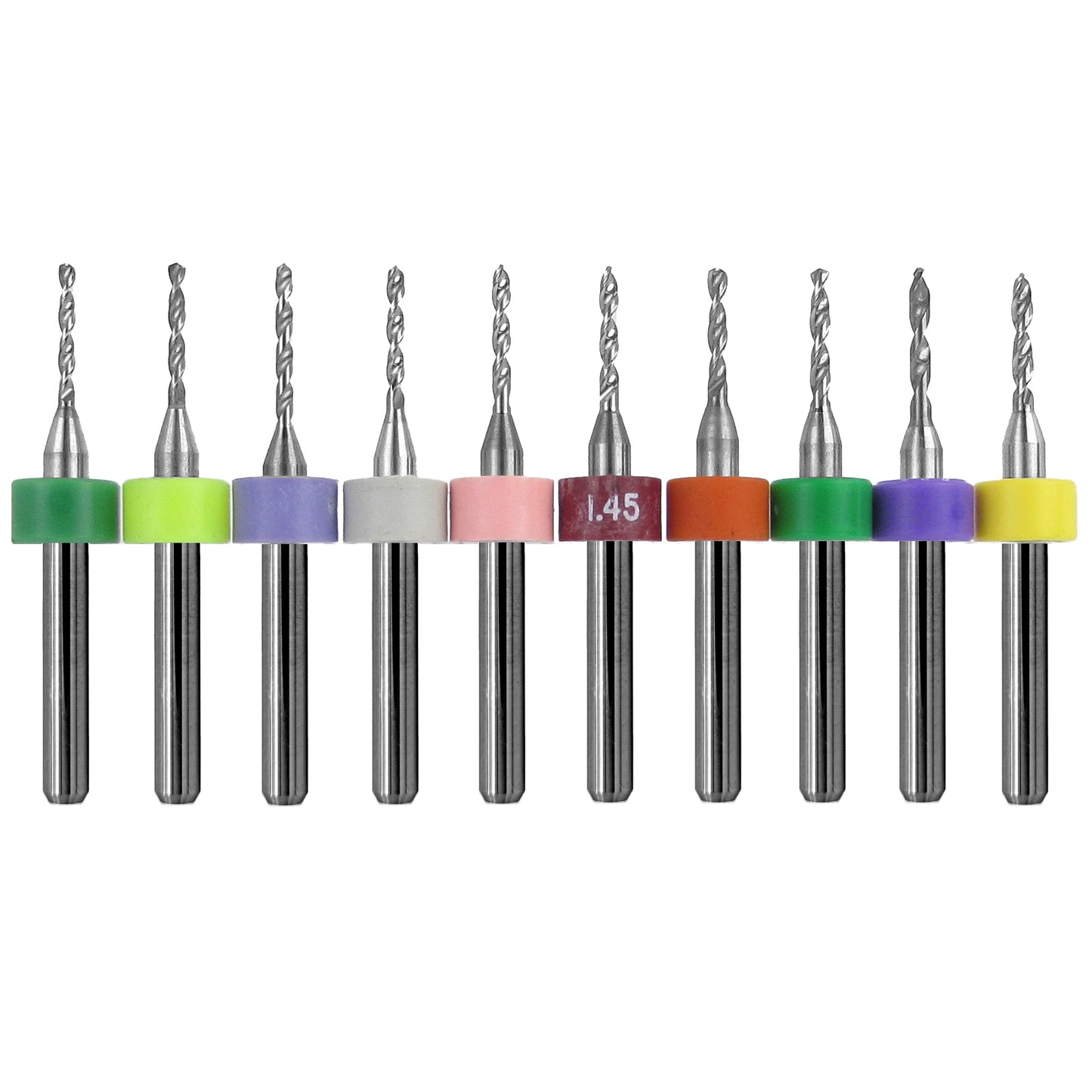 10-piece incremental solid carbide drill bit set .0472 to .0635 inch with 1/8 inch shanks 