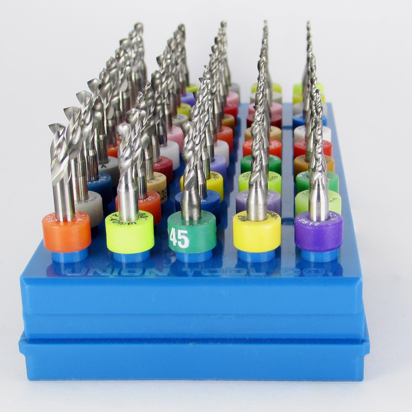 Angled view of 50 piece Holley carburetor jet drill set with factory resharpened solid carbide drills