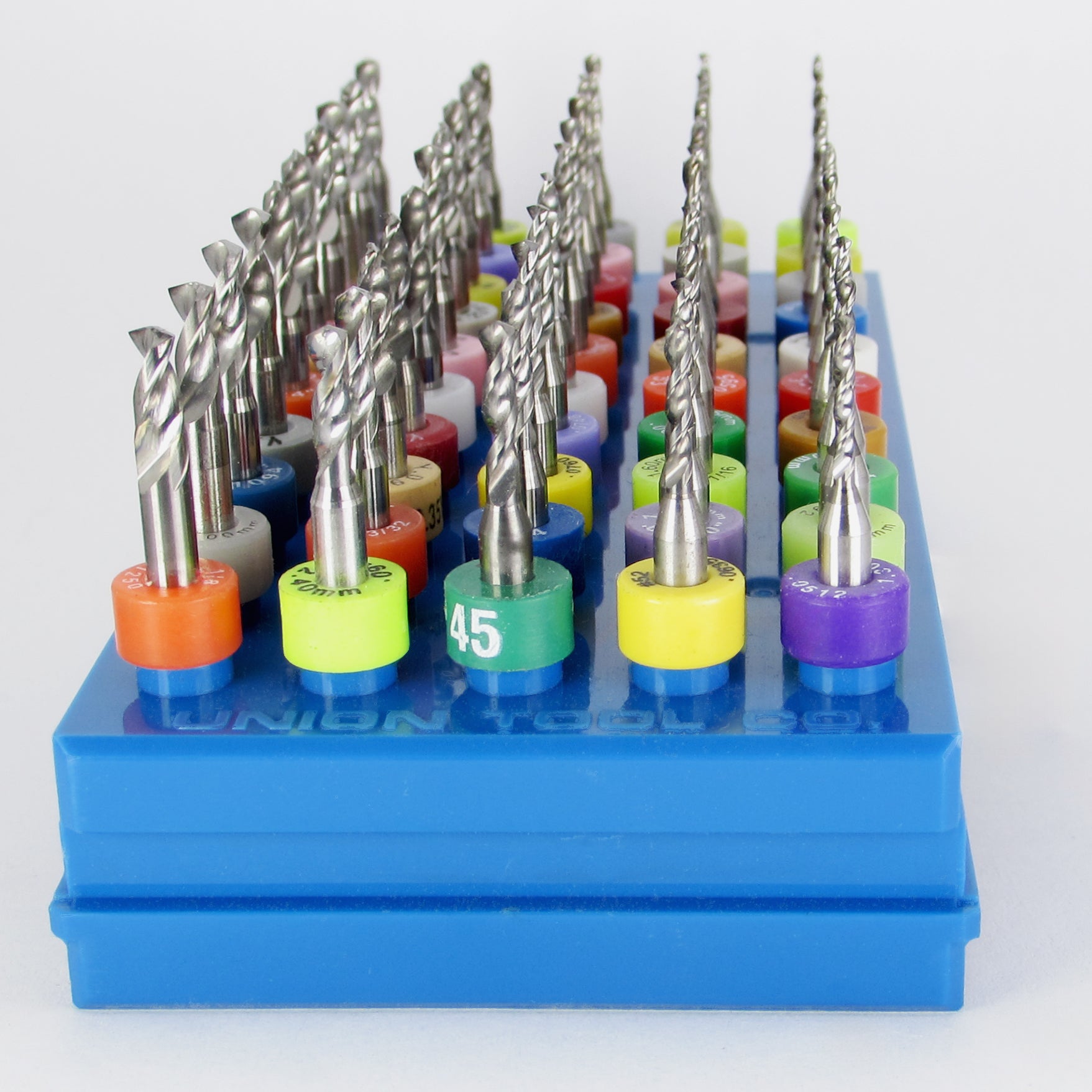Angled view of 50 piece Holley carburetor jet drill set with factory resharpened solid carbide drills
