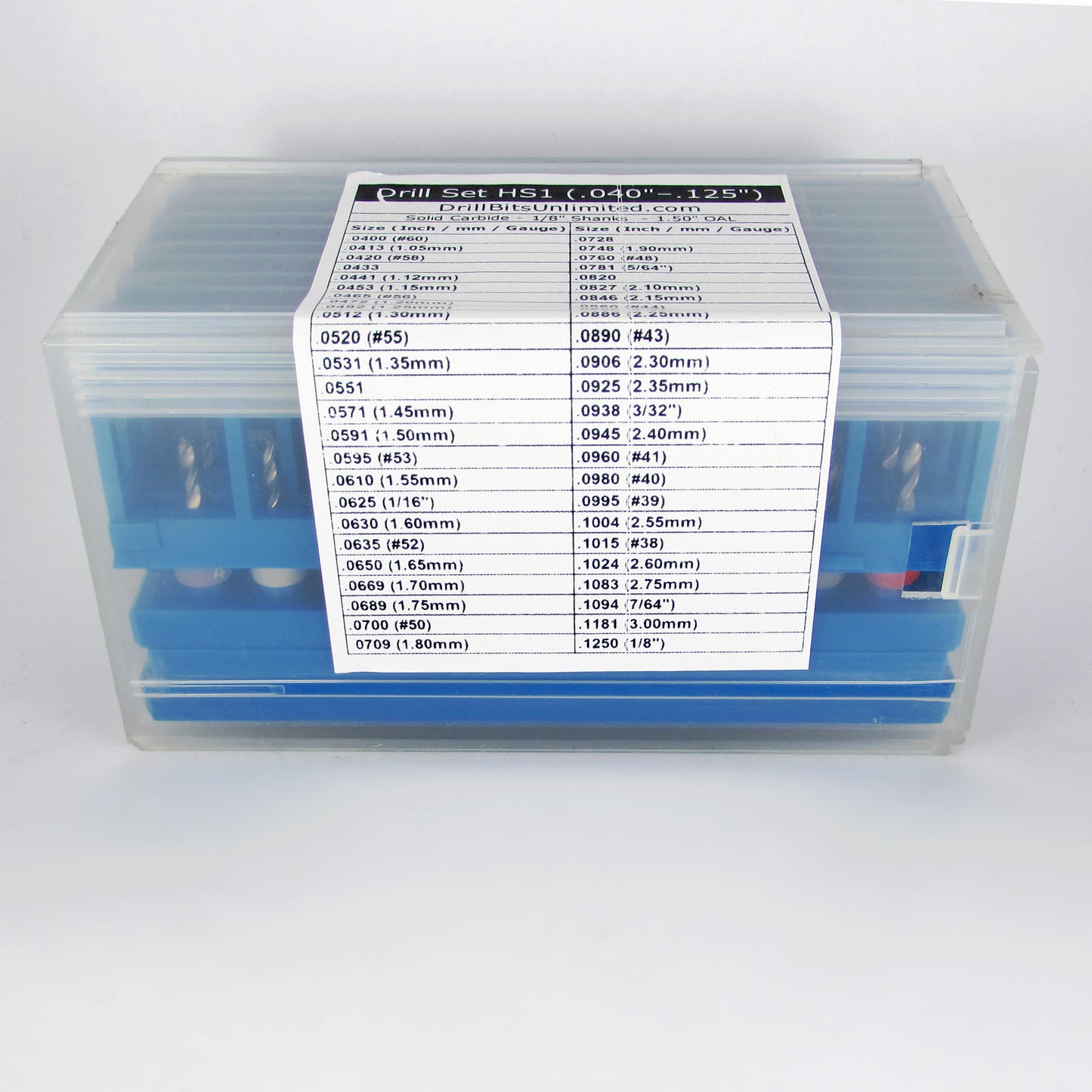 50 piece Holley carburetor jet drill set in storage case with size chart label