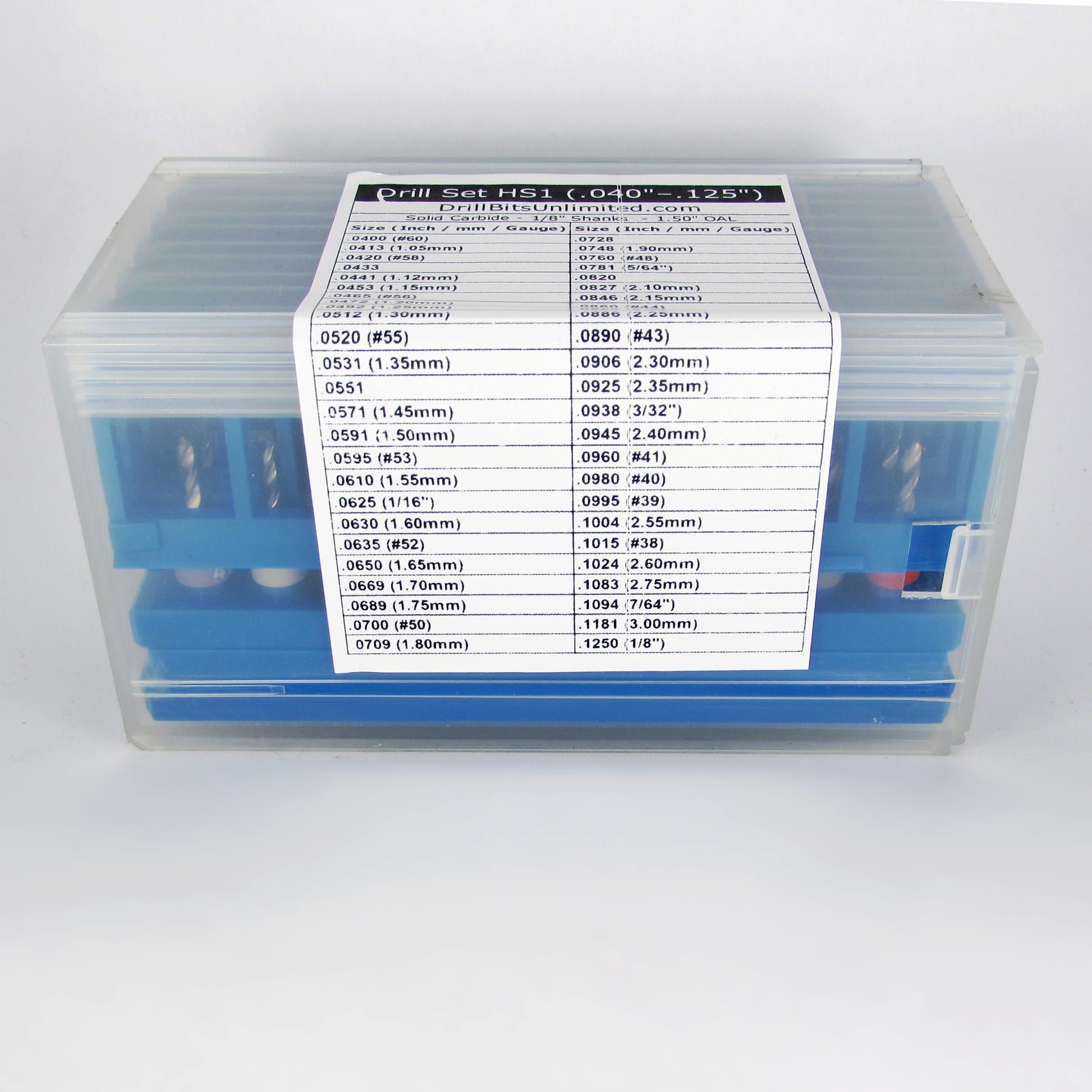 50 piece Holley carburetor jet drill set in storage case with size chart label