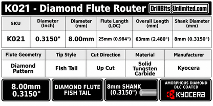 8.00mm (.3150") DLC-Coated Diamond Flute Router, 25mm LOC, Fish Tail, Up-Cut, 8mm Shank | K021