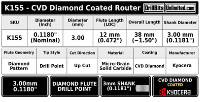 3.00mm (.1181") CVD Diamond-Coated PCB Router, .472" LOC, Drill Point, 3mm Shank | K155