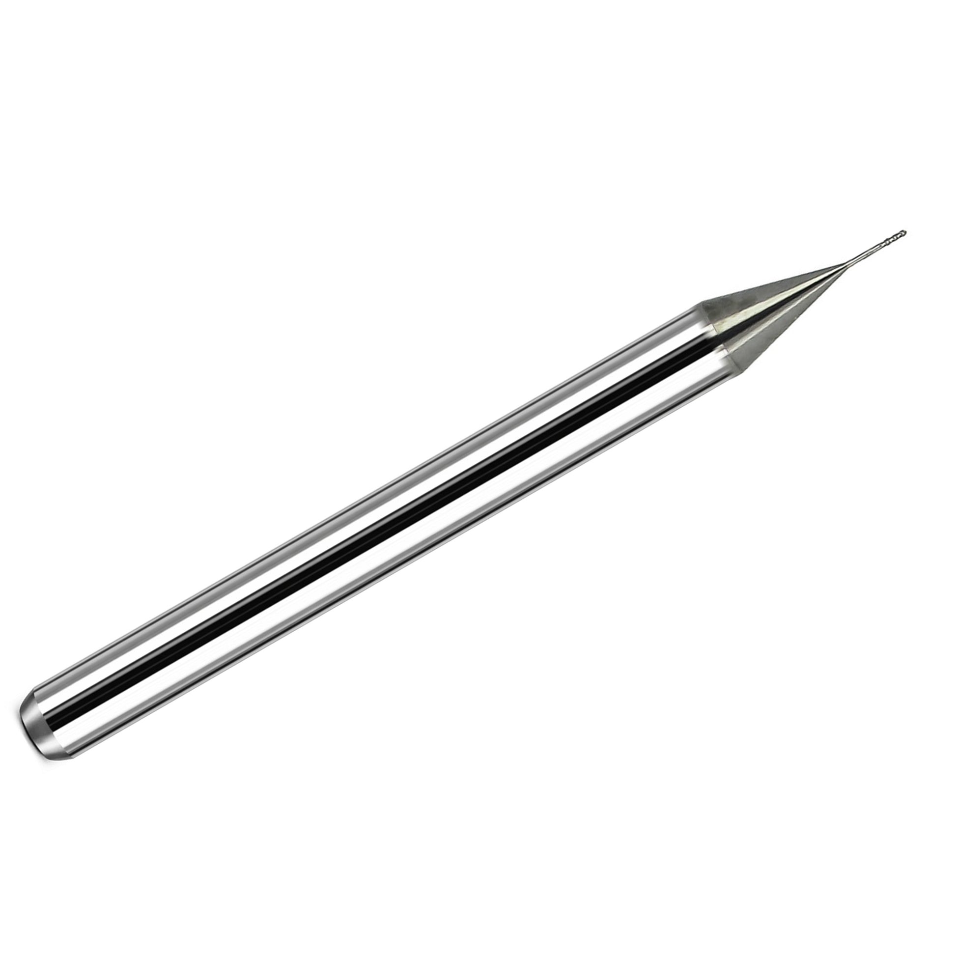 Kyocera .0100 inch 4-flute extended reach ball nose carbide end mill with bright uncoated finish and 1/8 inch shank, made in USA