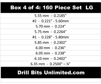 .0059"–.2500" Carbide Micro Drill Set, 160 Sizes, Factory Resharpened, 1/8" Shank | LG-Drill-Set