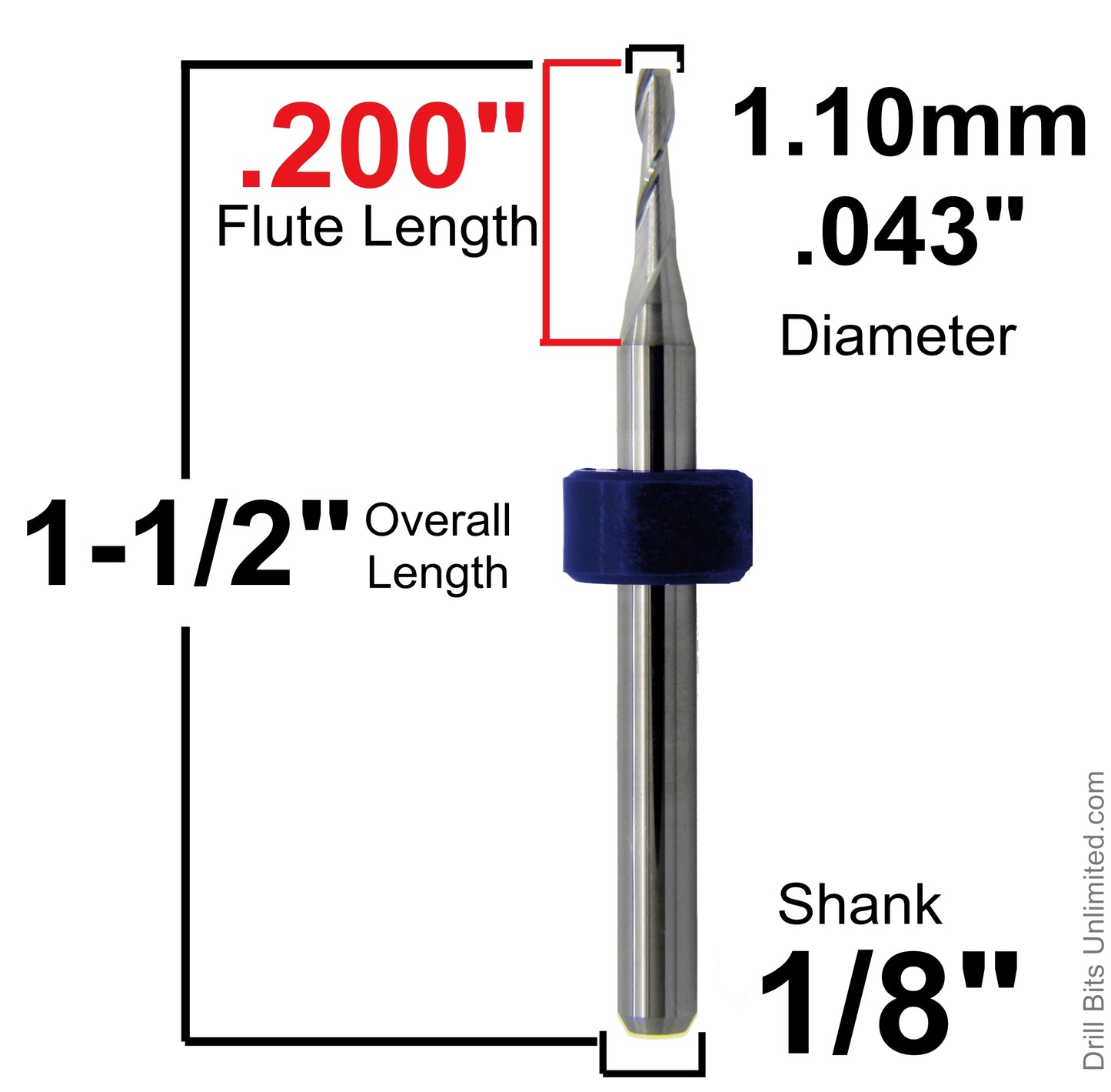 .043" 1.10mm x .200" Depth Two Flute Square End Mill L1