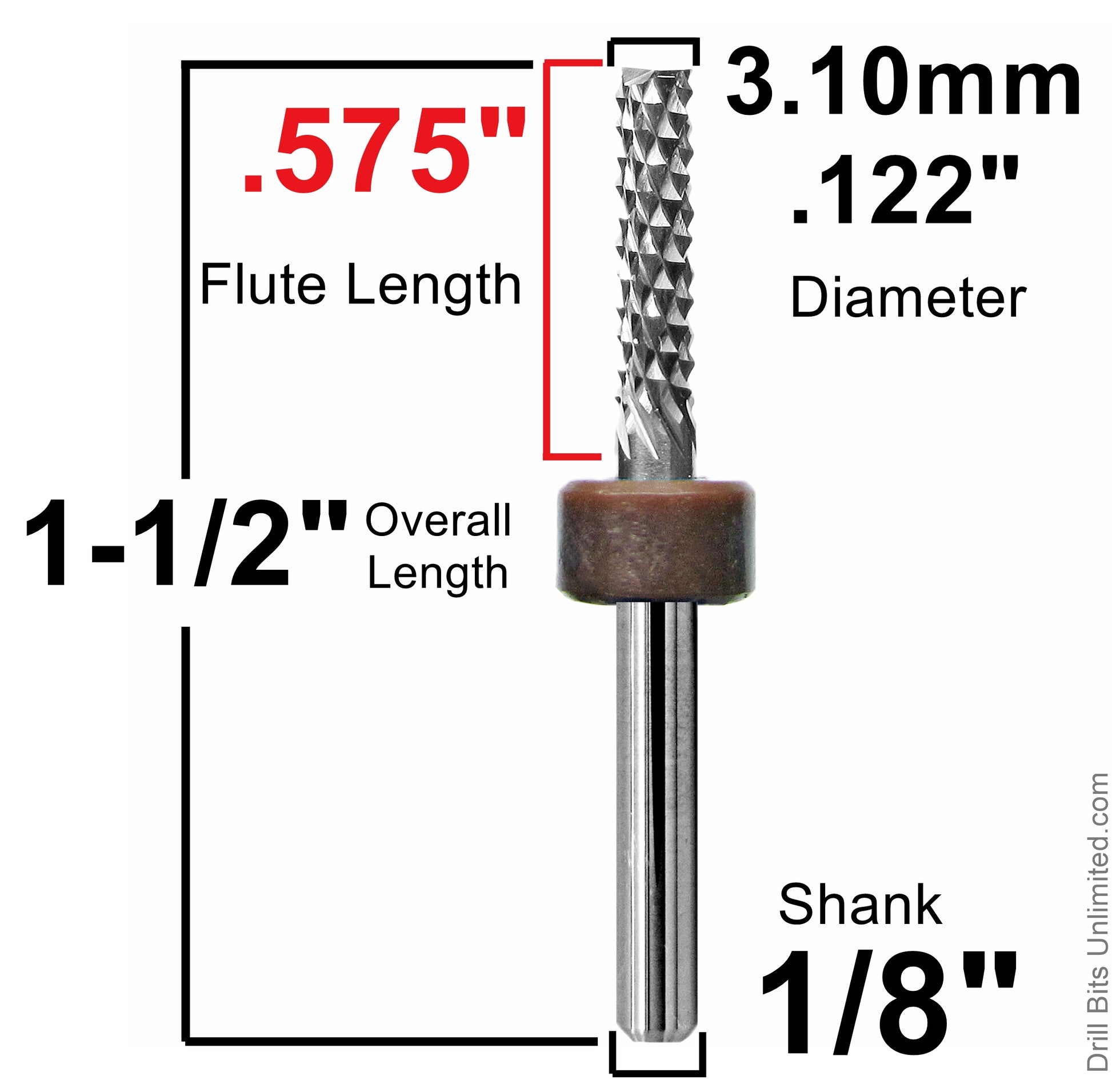 0.122-3.10 mm diamond-flute router bit with square end, dimensional view on white background.