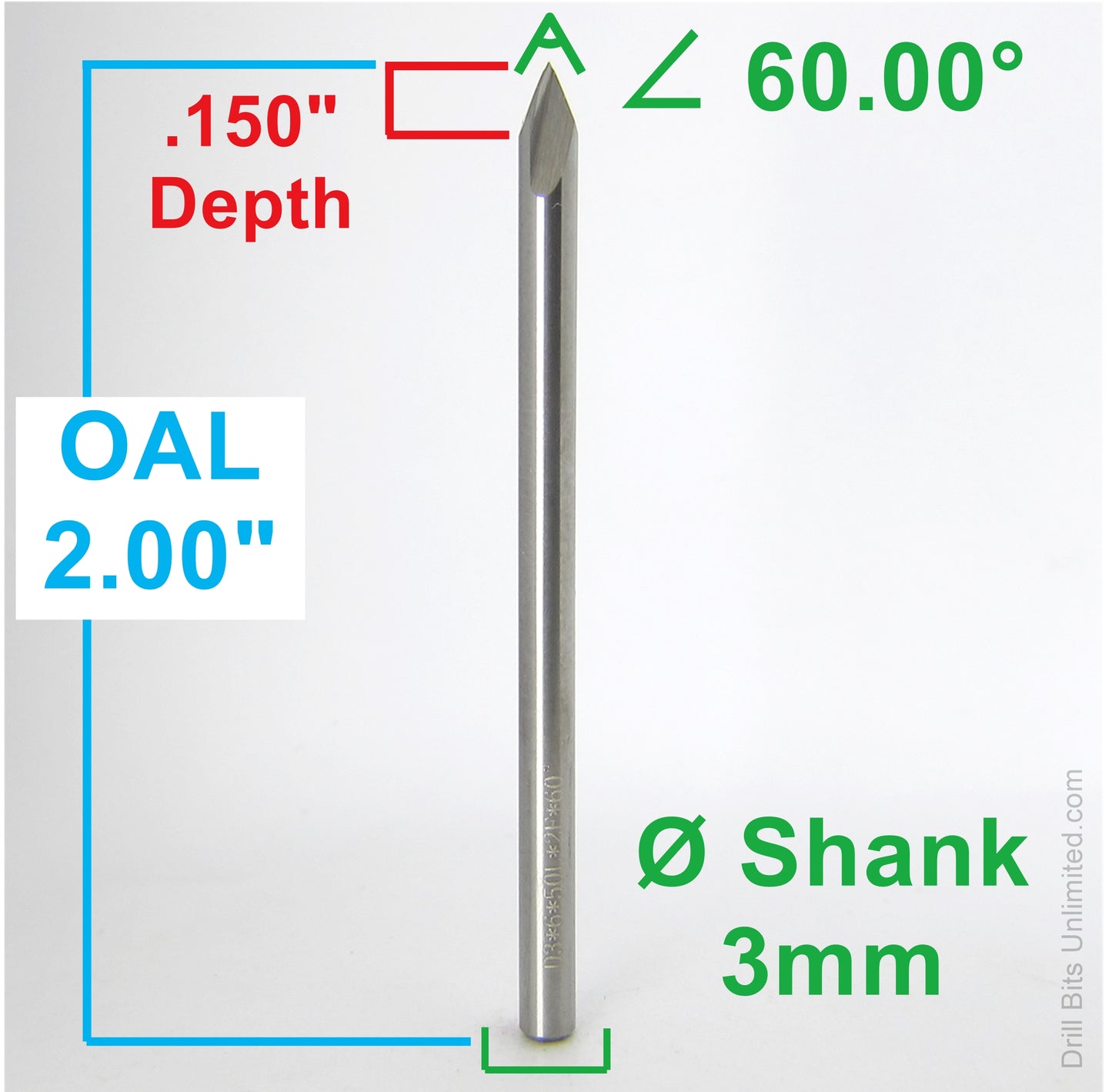 3.00mm (0.118") 60° 2-Flute Spiral V-Engraver Solid Carbide 2.00" OAL 3mm Shank Chamfer Deburring Tool