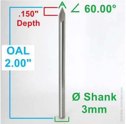 3.00mm (0.118") 60° 2-Flute Spiral V-Engraver Solid Carbide 2.00" OAL 3mm Shank Chamfer Deburring Tool