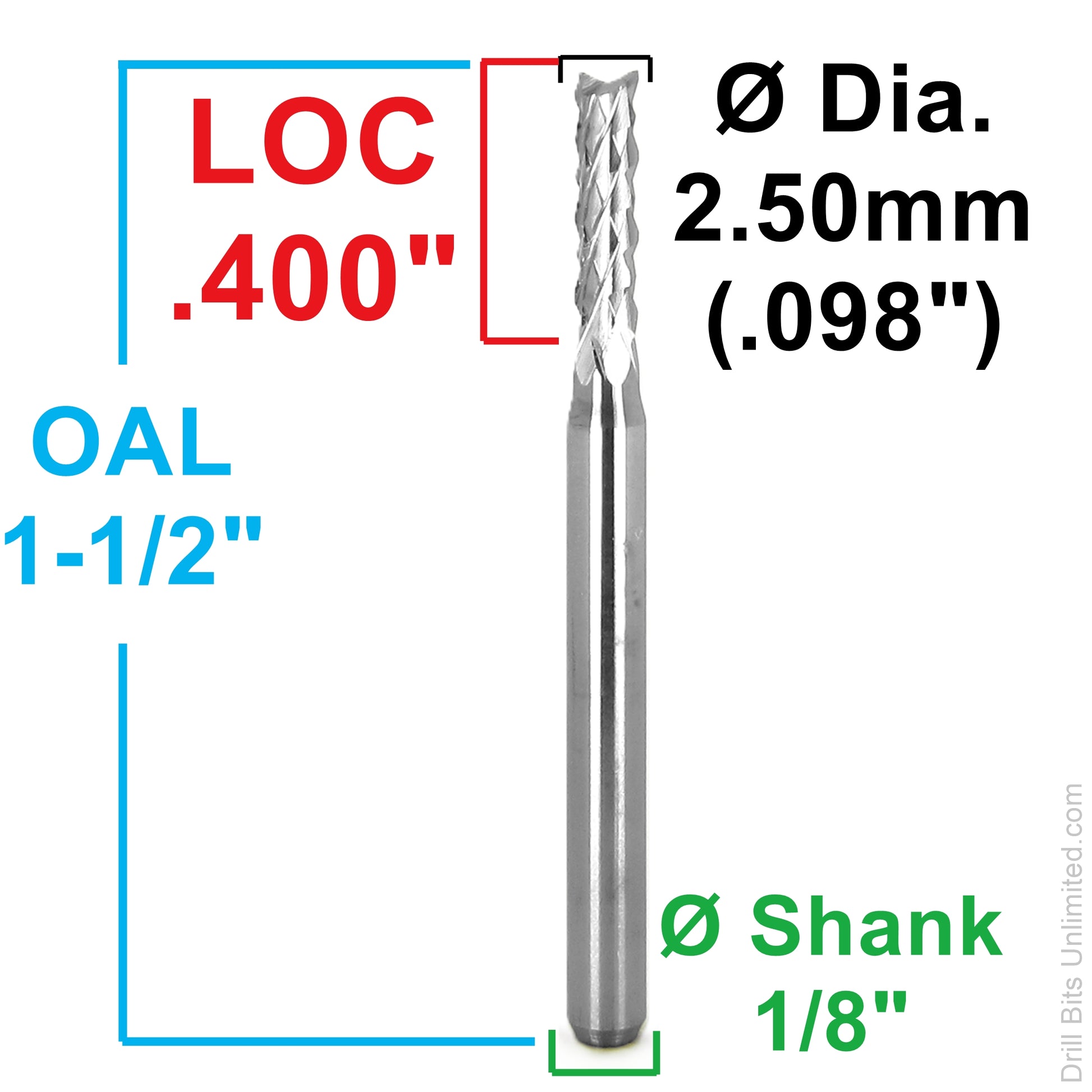 2.50mm diamond flute router dimensions 1/8 shank 0400 loc
