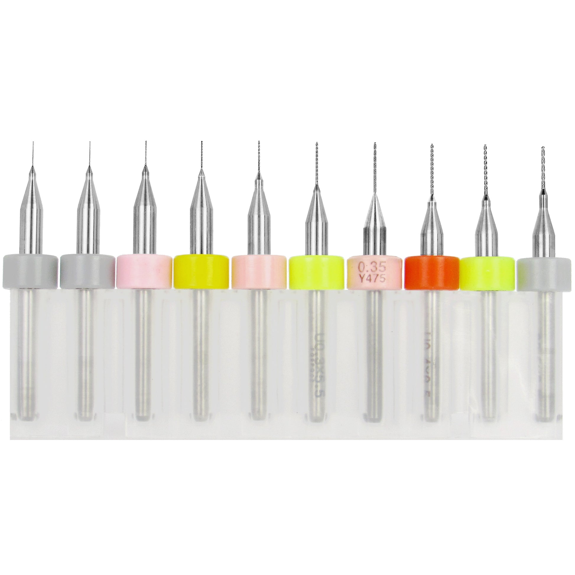 Ten-piece metric micro drill bit set 0.10 mm to 0.50 mm solid carbide on white background.