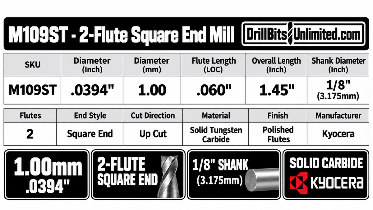 0.0394" (1.00mm) x .060" LOC 2-Flute Stub Length Square End Carbide End Mill, 1/8" Shank | M109ST
