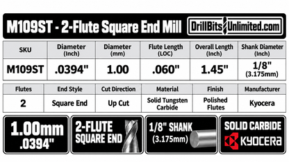 0.0394" (1.00mm) x .060" LOC 2-Flute Stub Length Square End Carbide End Mill, 1/8" Shank | M109ST