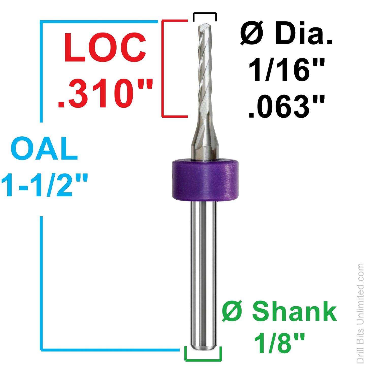 0.0630" (1/16") x .310" LOC 5-Flute Drill Point Carbide End Mill, 1/8" Shank | RS-170