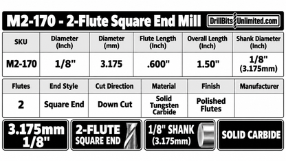 0.1250" (1/8", 3.175mm) x .600" LOC 2-Flute Down-Cut Square End Carbide End Mill, 1/8" Shank | M2-170