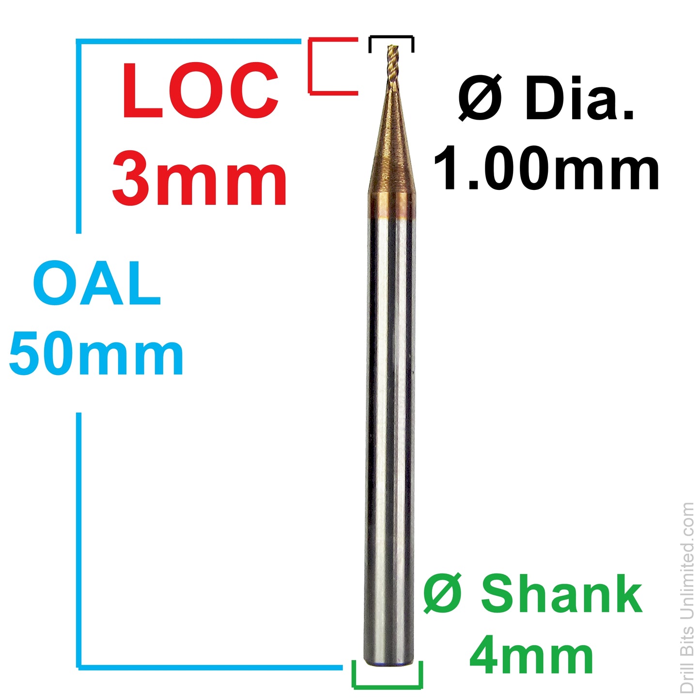 Dimension diagram for 1.00mm AlTiN carbide end mill showing 3mm LOC, 50mm OAL, and 4mm shank