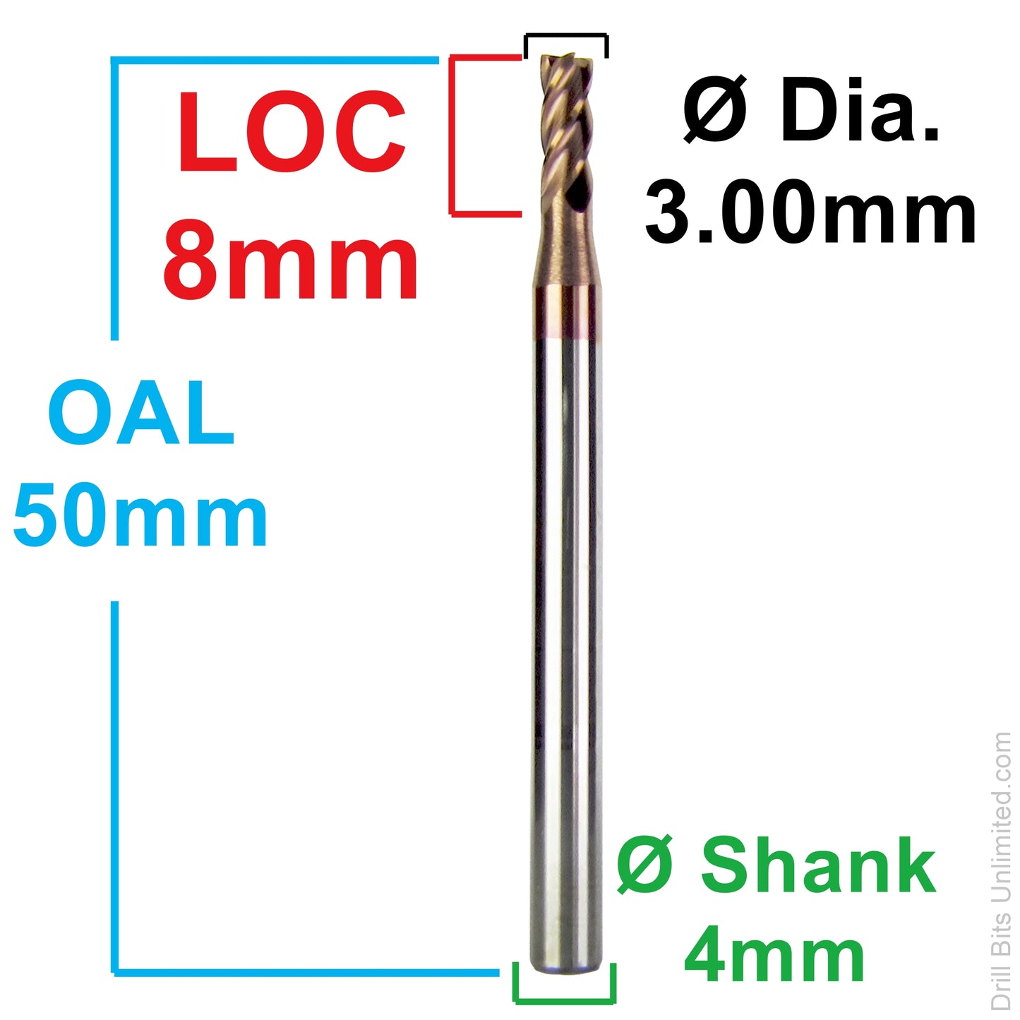 Dimension diagram for 3.00mm AlTiN carbide end mill showing 8mm LOC, 50mm OAL, and 4mm shank