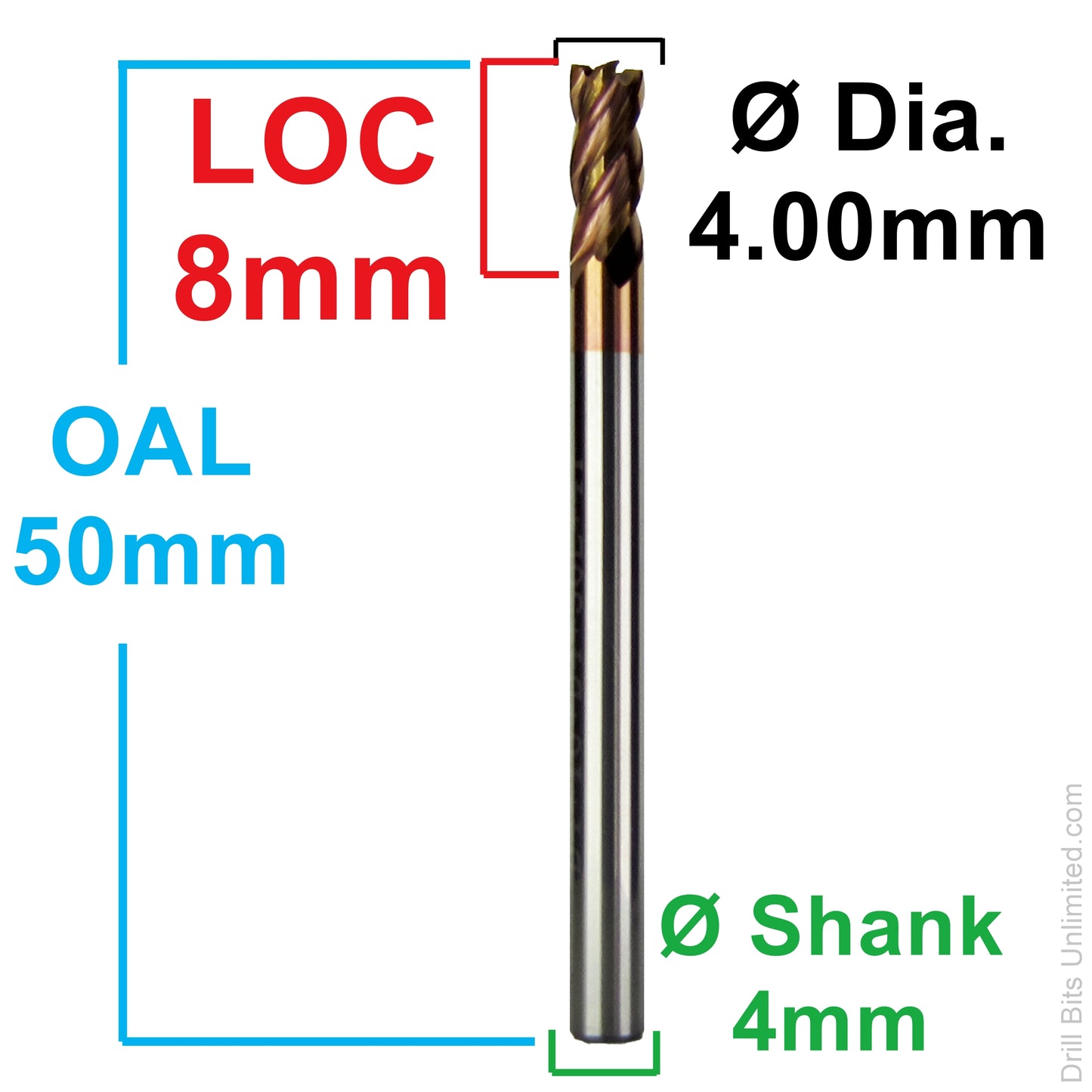 Dimension diagram for 4.00mm AlTiN carbide end mill showing 8mm LOC, 50mm OAL, and 4mm shank