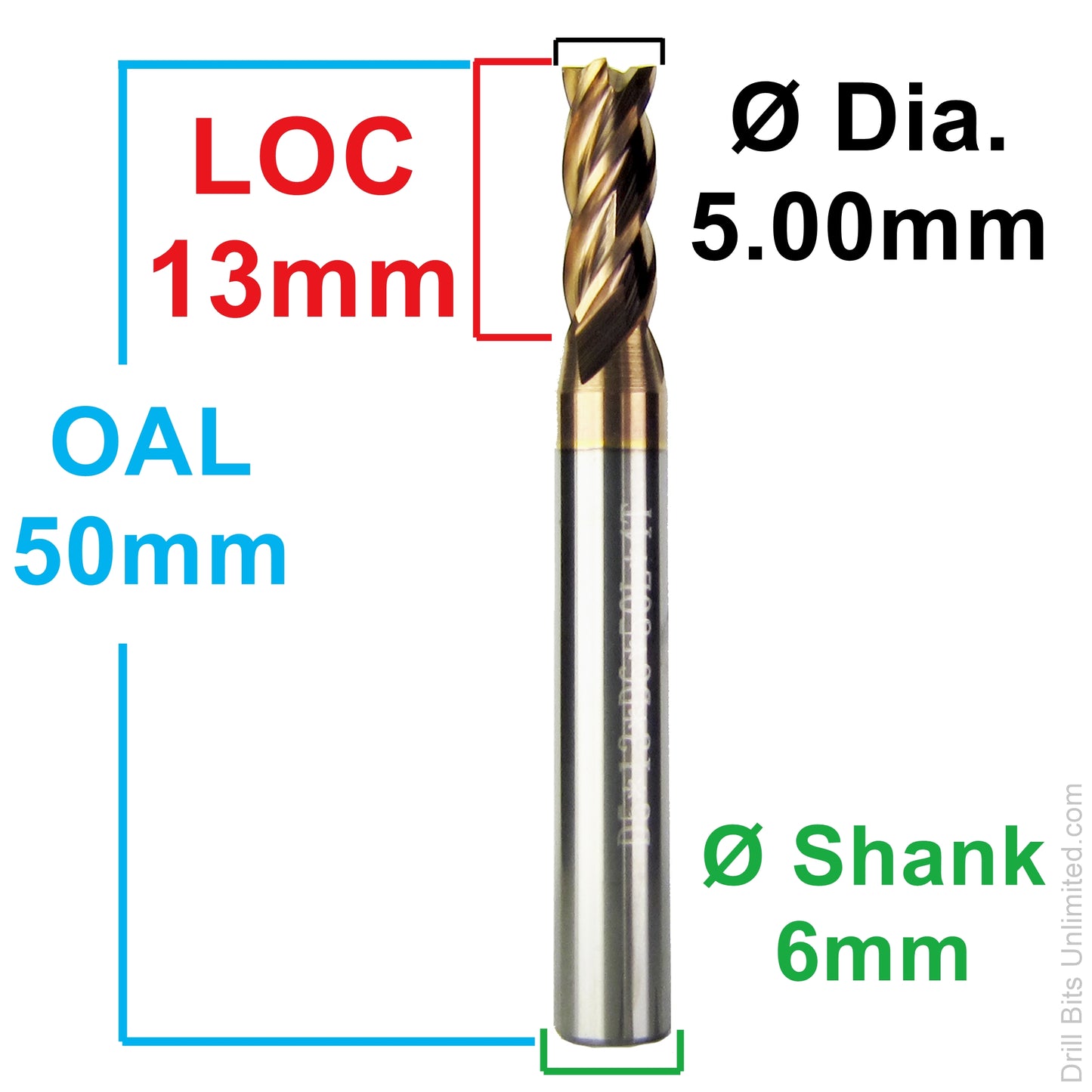 Dimension diagram for 5.00mm AlTiN carbide end mill showing 13mm LOC, 50mm OAL, and 6mm shank