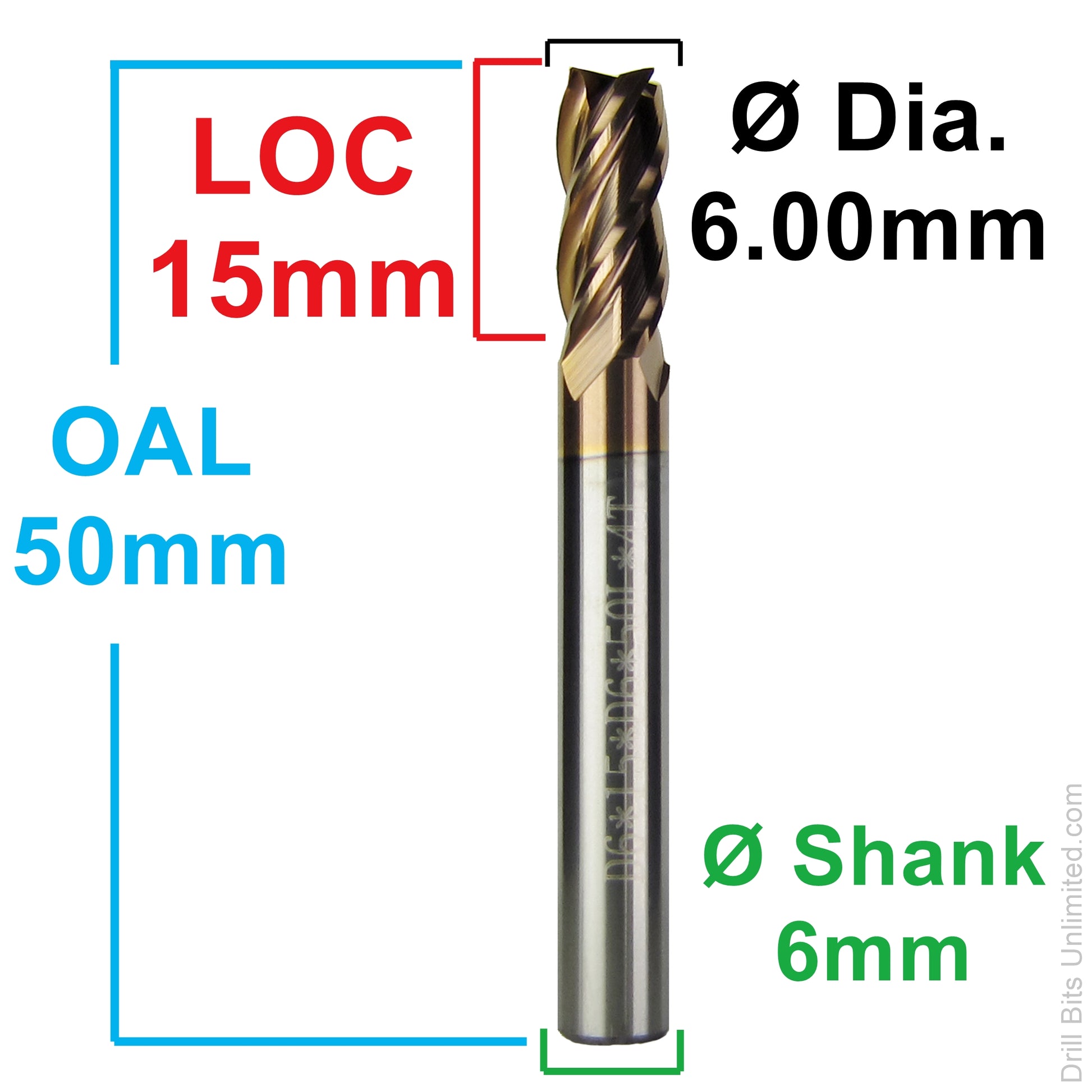 Dimension diagram for 6.00mm AlTiN carbide end mill showing 15mm LOC, 50mm OAL, and 6mm shank