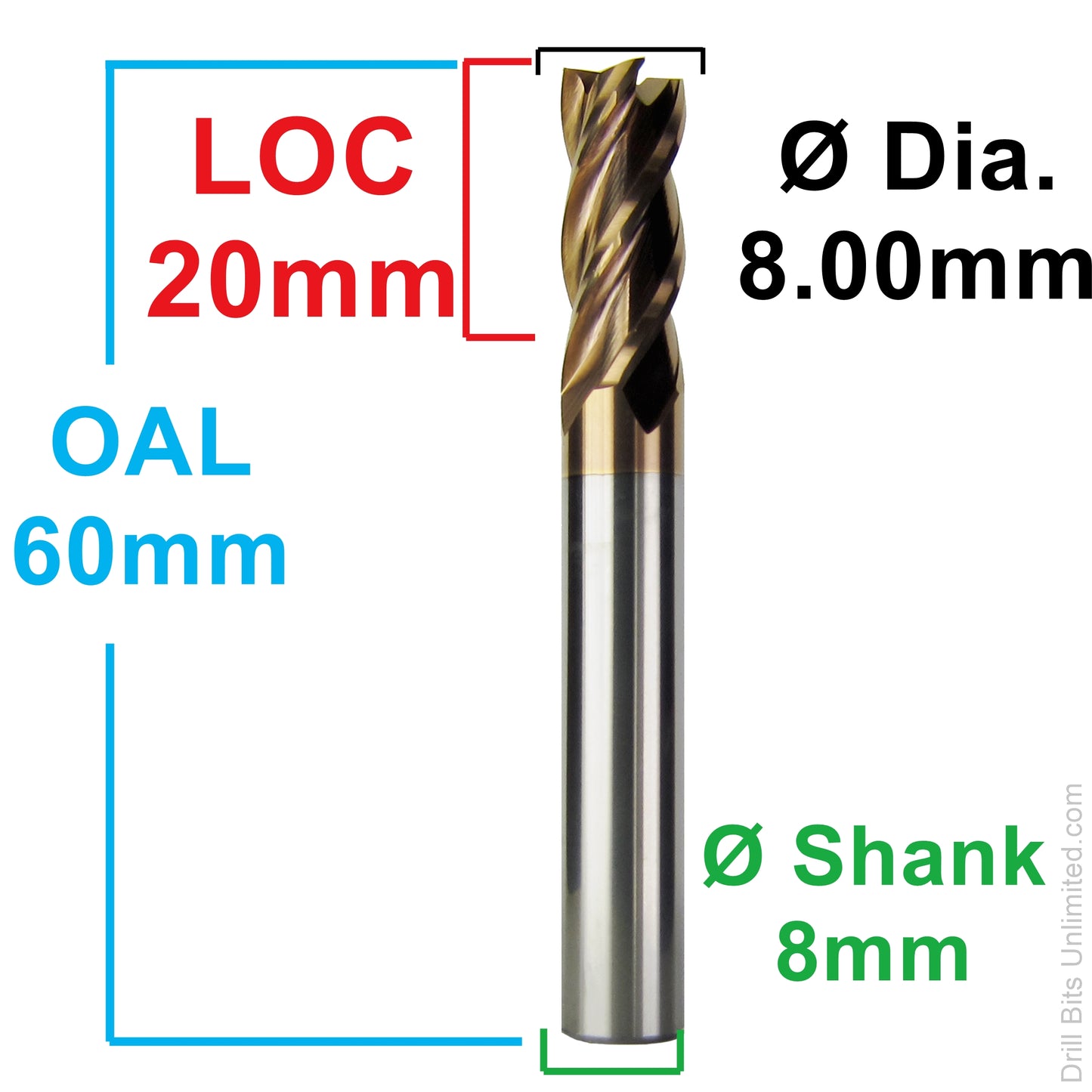 Dimension diagram for 8.00mm AlTiN carbide end mill showing 20mm LOC, 60mm OAL, and 8mm shank