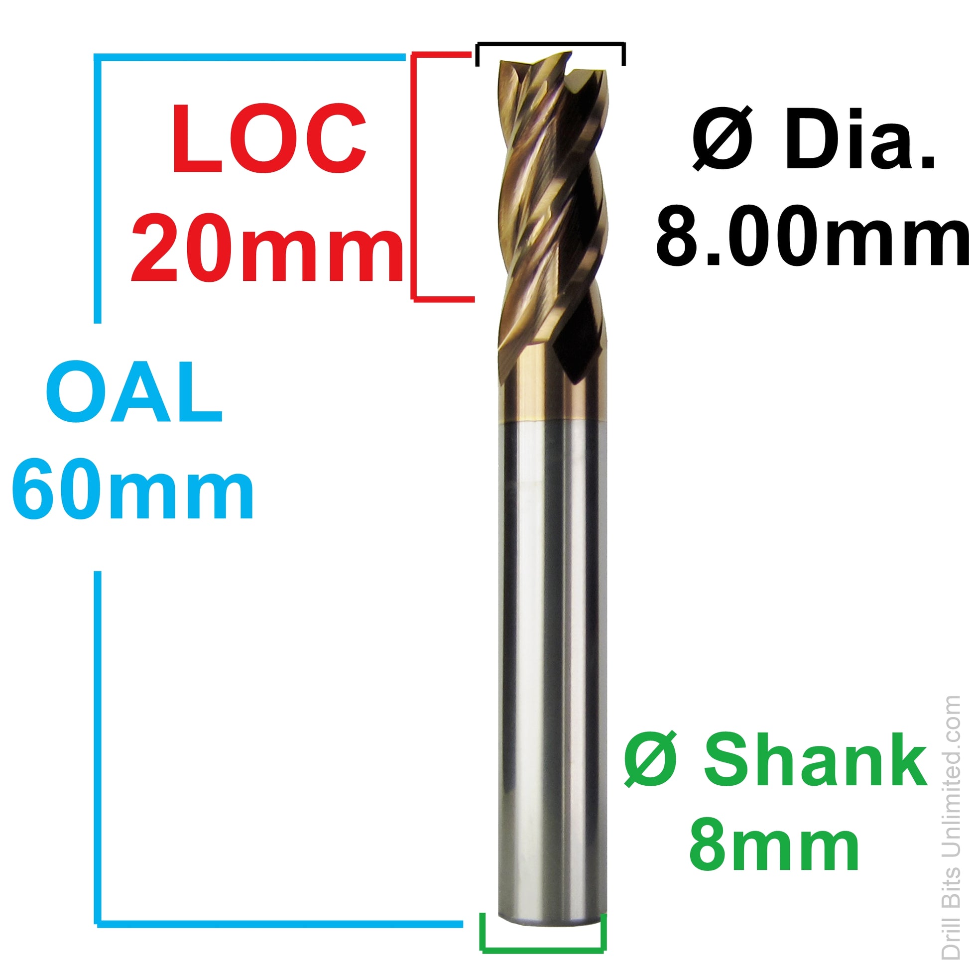 Dimension diagram for 8.00mm AlTiN carbide end mill showing 20mm LOC, 60mm OAL, and 8mm shank