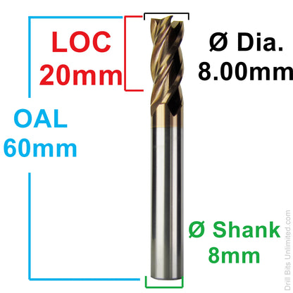Dimension diagram for 8.00mm AlTiN carbide end mill showing 20mm LOC, 60mm OAL, and 8mm shank
