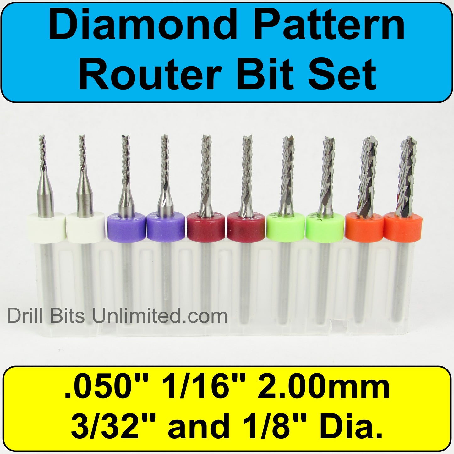 Diamond Pattern Carbide Router Bit Set 5 Sizes Ten Pieces for G10 FR4 Fiberglass Ceramics R1-N