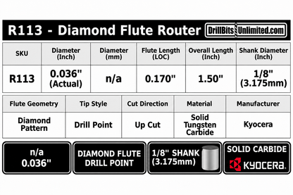 0.0360" × .170" LOC Diamond Flute PCB Router, Drill Point, 1/8" Shank | R113